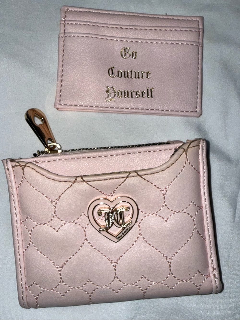Juicy Couture Light Pink Quilted Heart Wallet & Card Holder Set